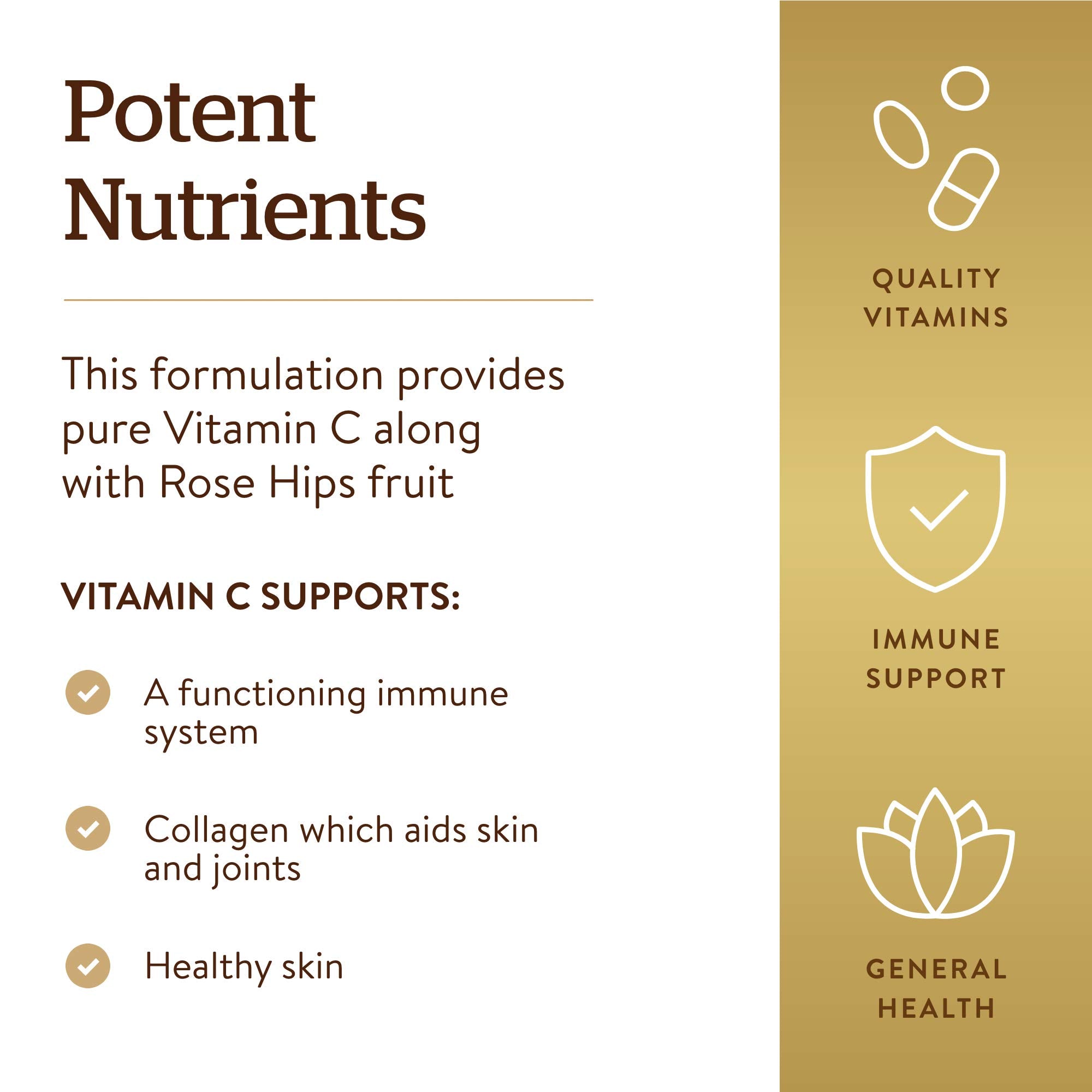 Solgar Vitamin C 500 mg with Rose Hips daily-use image supports skin and joints.