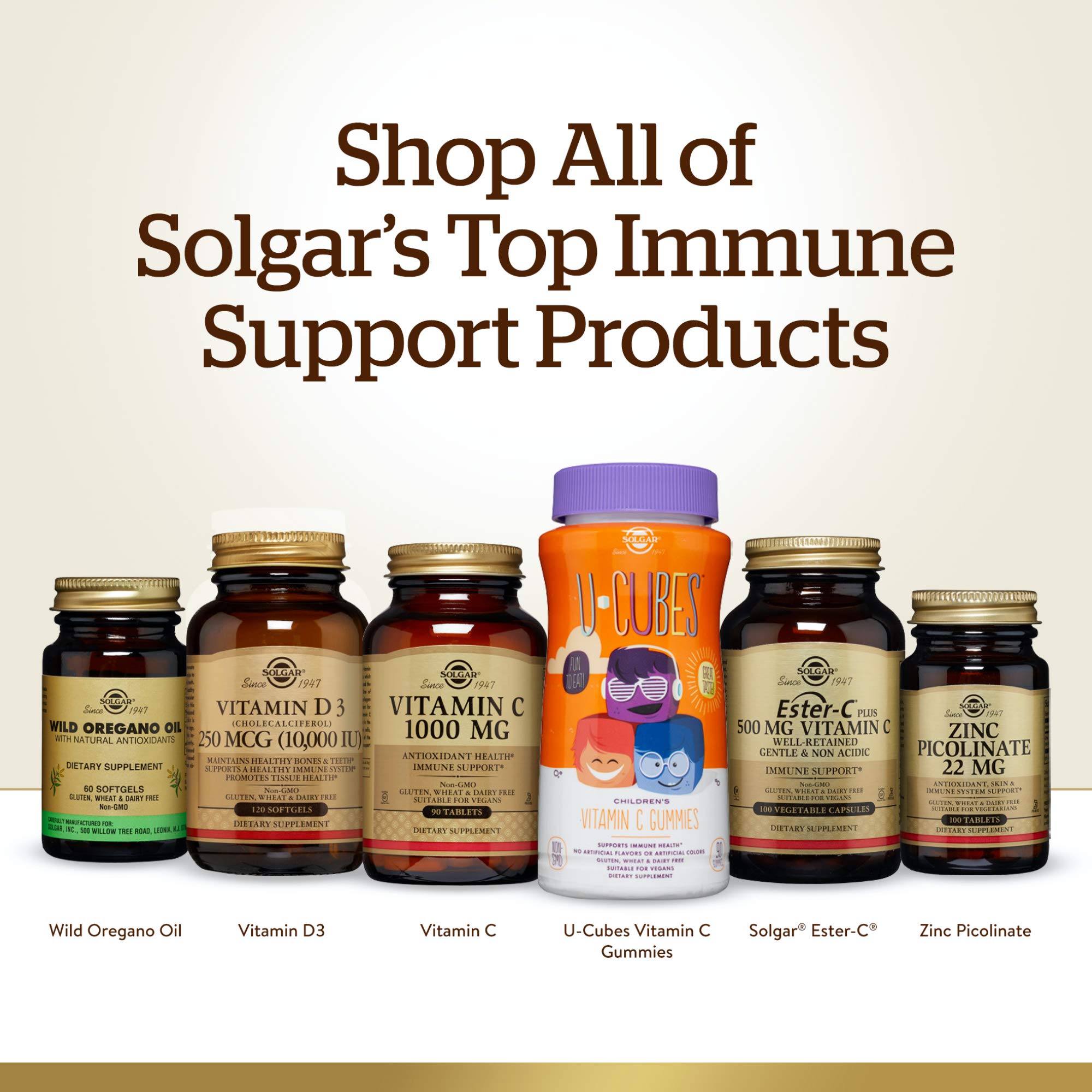 Solgar Vitamin C 500 mg with Rose Hips bottle shows gluten-free mark.