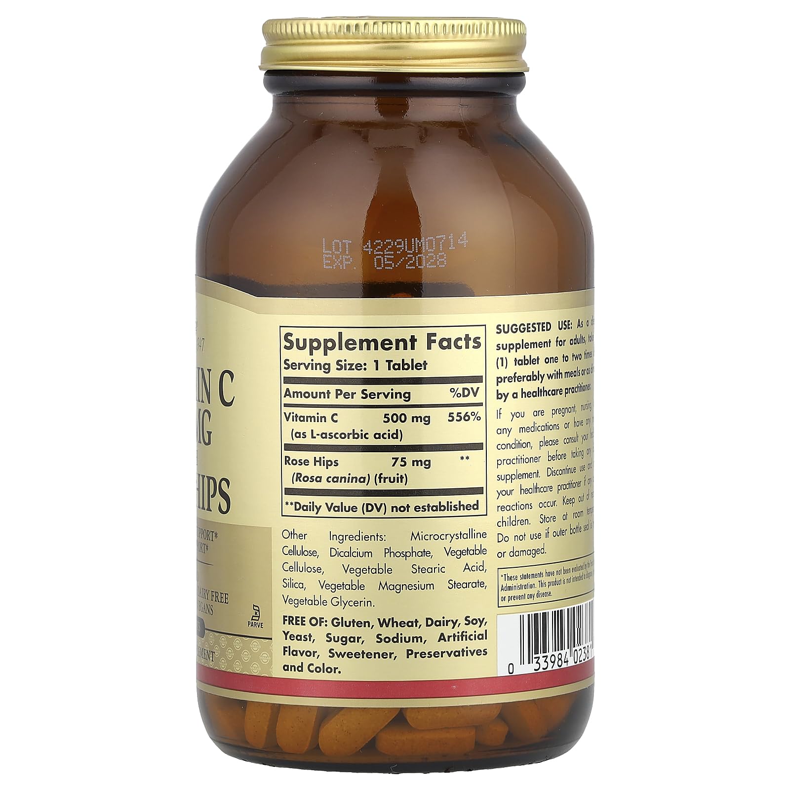 Solgar Vitamin C 500 mg with Rose Hips label non-GMO and kosher status.