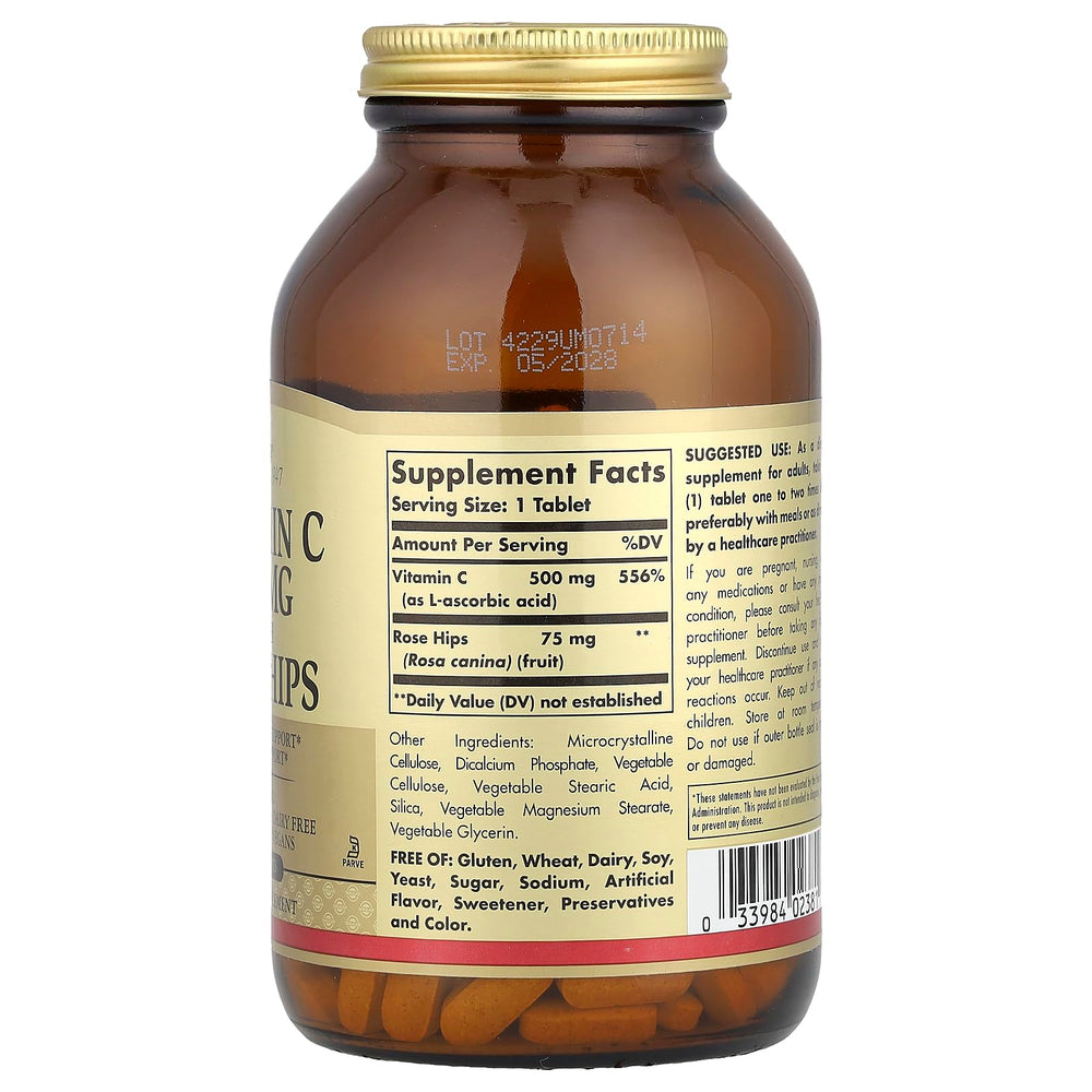 Solgar Vitamin C 500 mg with Rose Hips label non-GMO and kosher status.