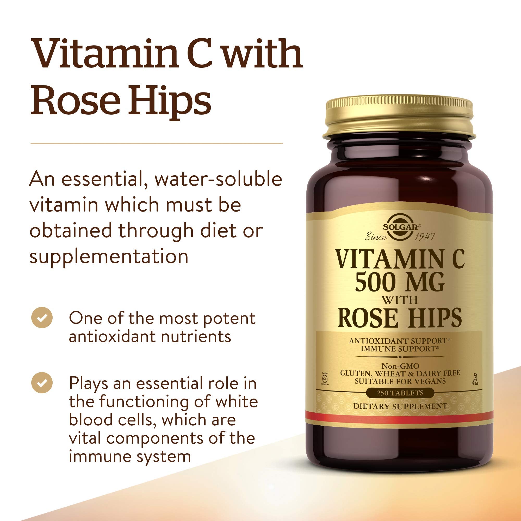 Solgar Vitamin C 500 mg with Rose Hips packaging vegan gluten-free credentials.