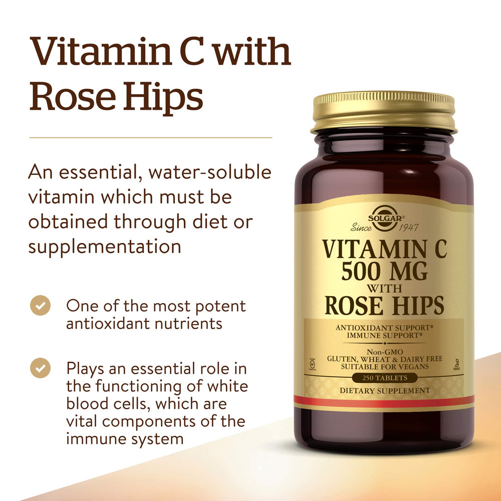 Solgar Vitamin C 500 mg with Rose Hips packaging vegan gluten-free credentials.