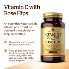 Solgar Vitamin C 500 mg with Rose Hips packaging vegan gluten-free credentials.