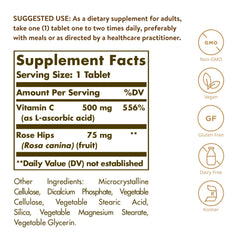 Solgar Vitamin C 500 mg with Rose Hips tablets closeup antioxidant-rich formula.