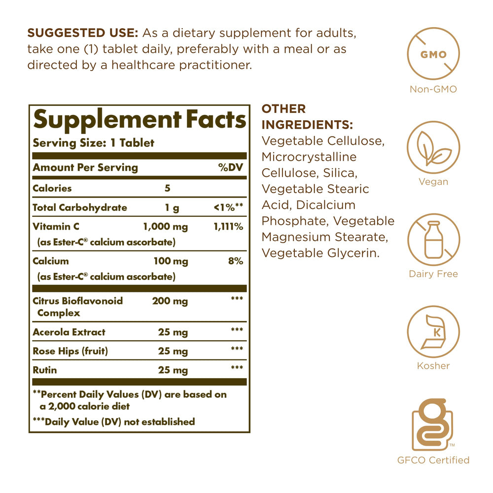 Solgar Vitamin C Ester Plus 1000mg bottle label closeup highlights non-acidic formula.
