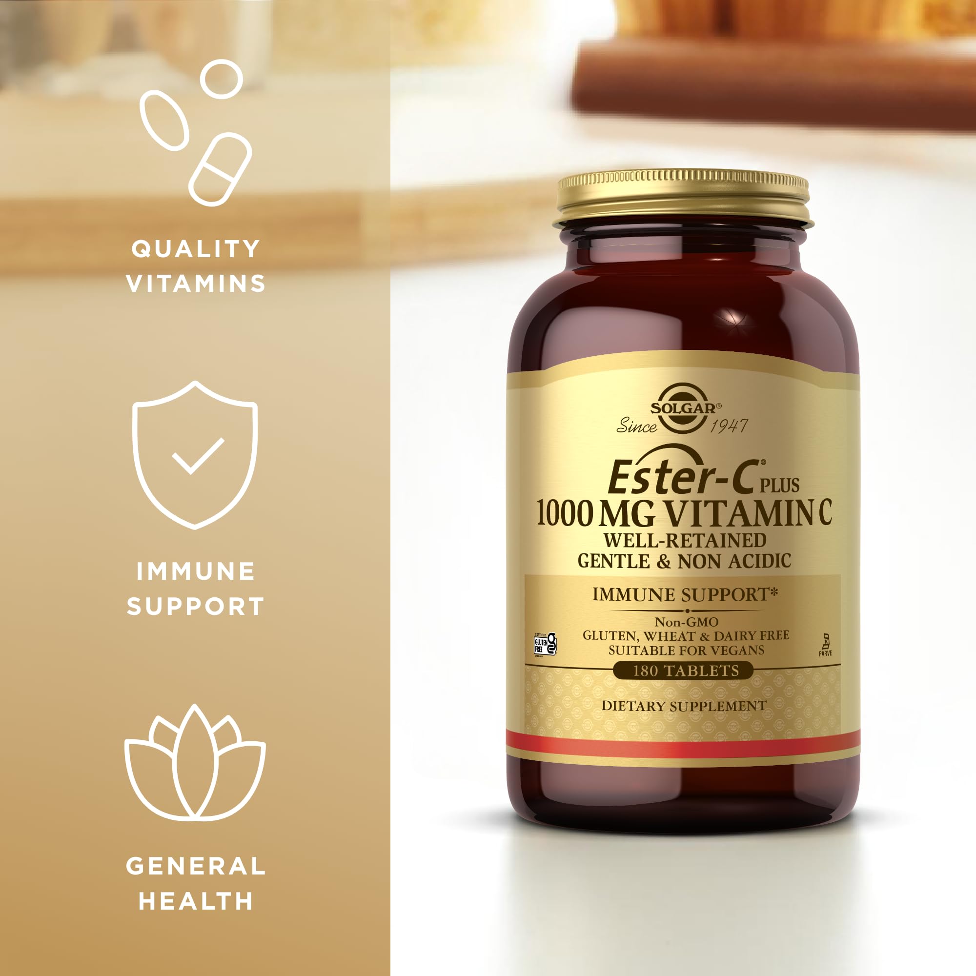 Solgar Vitamin C Ester Plus 1000mg bottle taken tablet emphasizes gentle digestion.