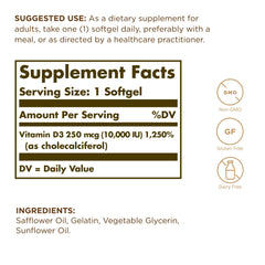Solgar Vitamin D3 softgels close-up shows oil-based formula aiding absorption potential.