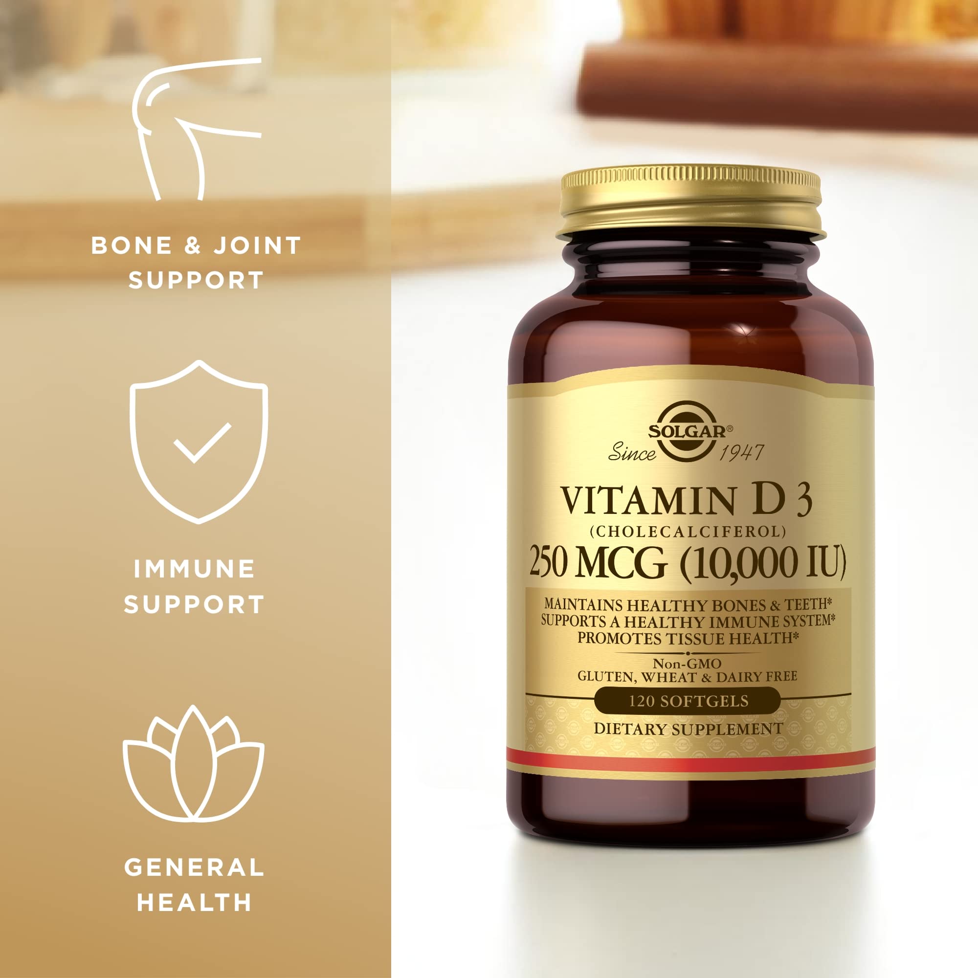 Solgar D3 label detail highlights 10,000 IU per softgel for daily use.