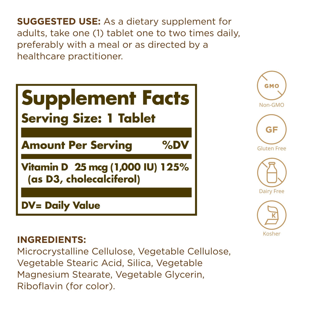 Solgar Vitamin D3 packaging and label highlighting daily supplementation