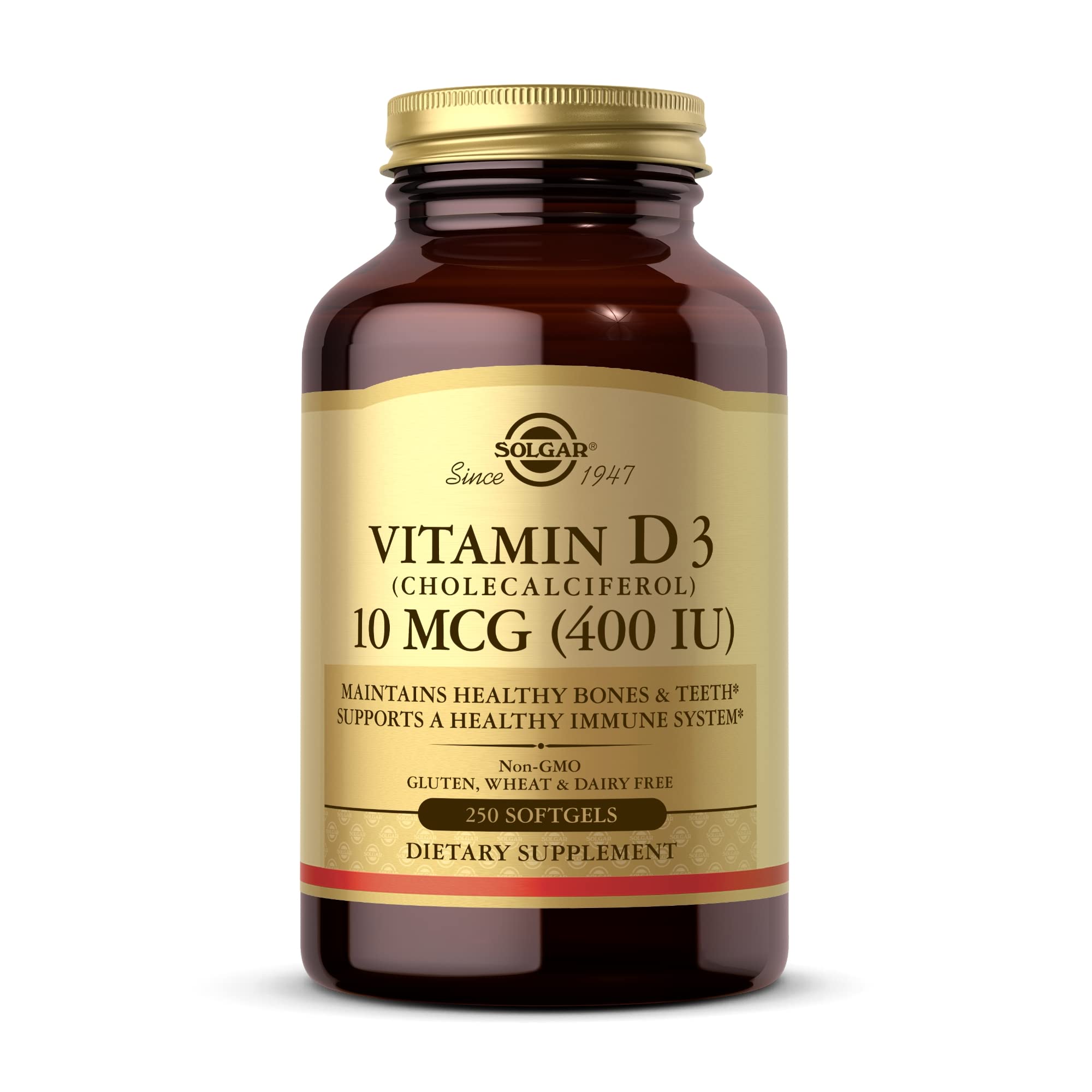 Solgar Vitamin D3 softgels bottle – supports normal calcium absorption for bones.