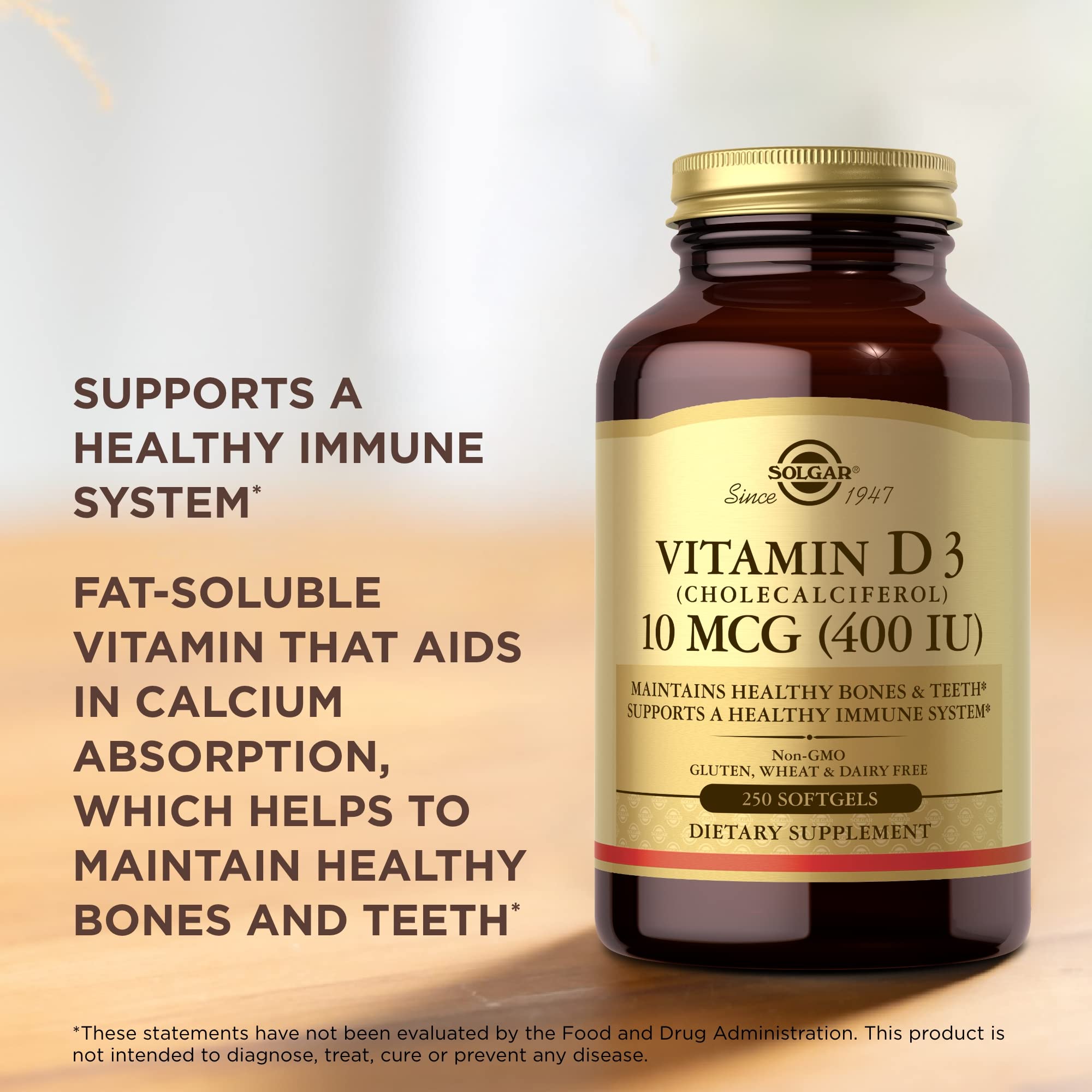 Solgar Vitamin D3 bottle – suitable for gluten-free and dairy-free diets.