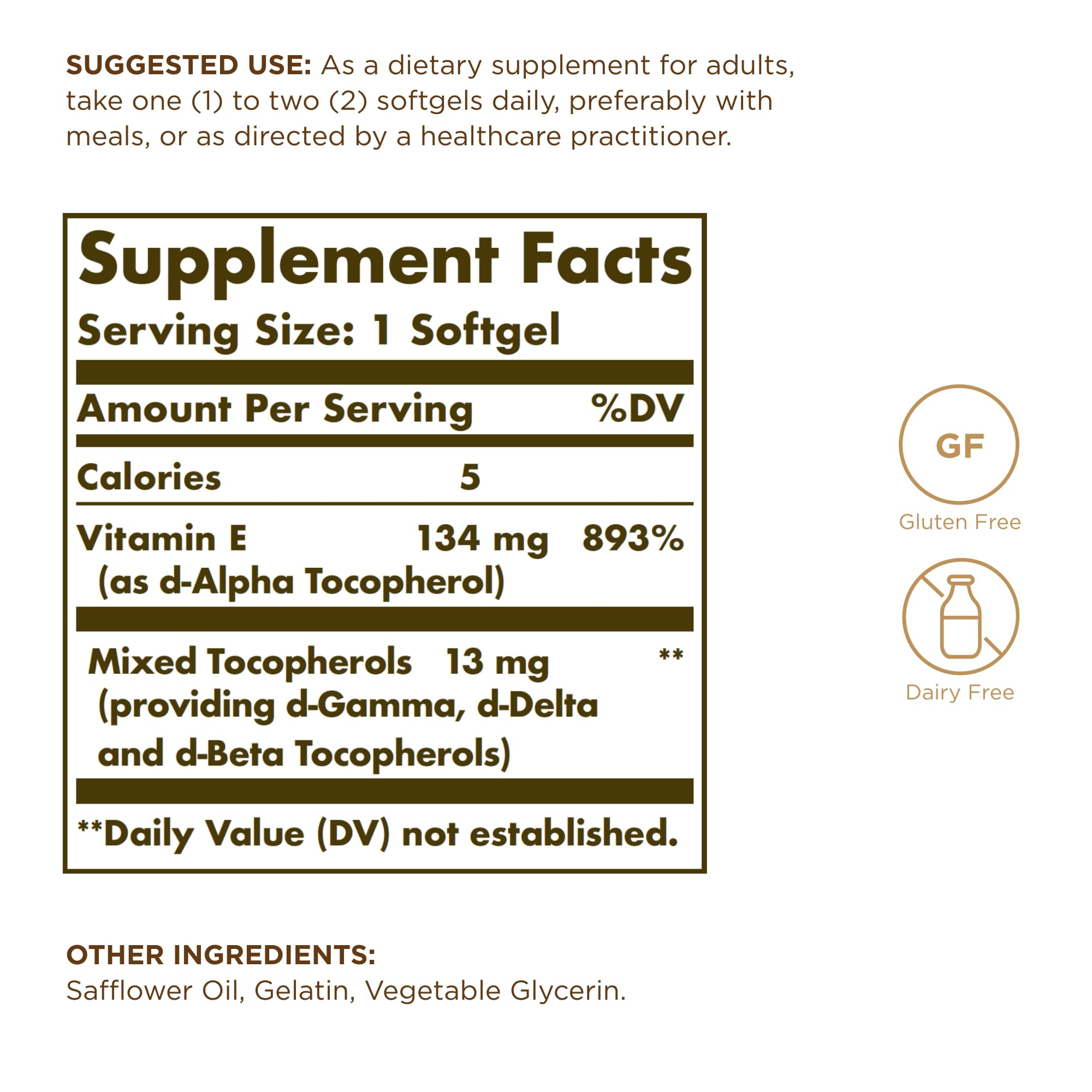 Solgar Vitamin E 200 IU bottle close-up showing gluten-free and dairy-free supplement.