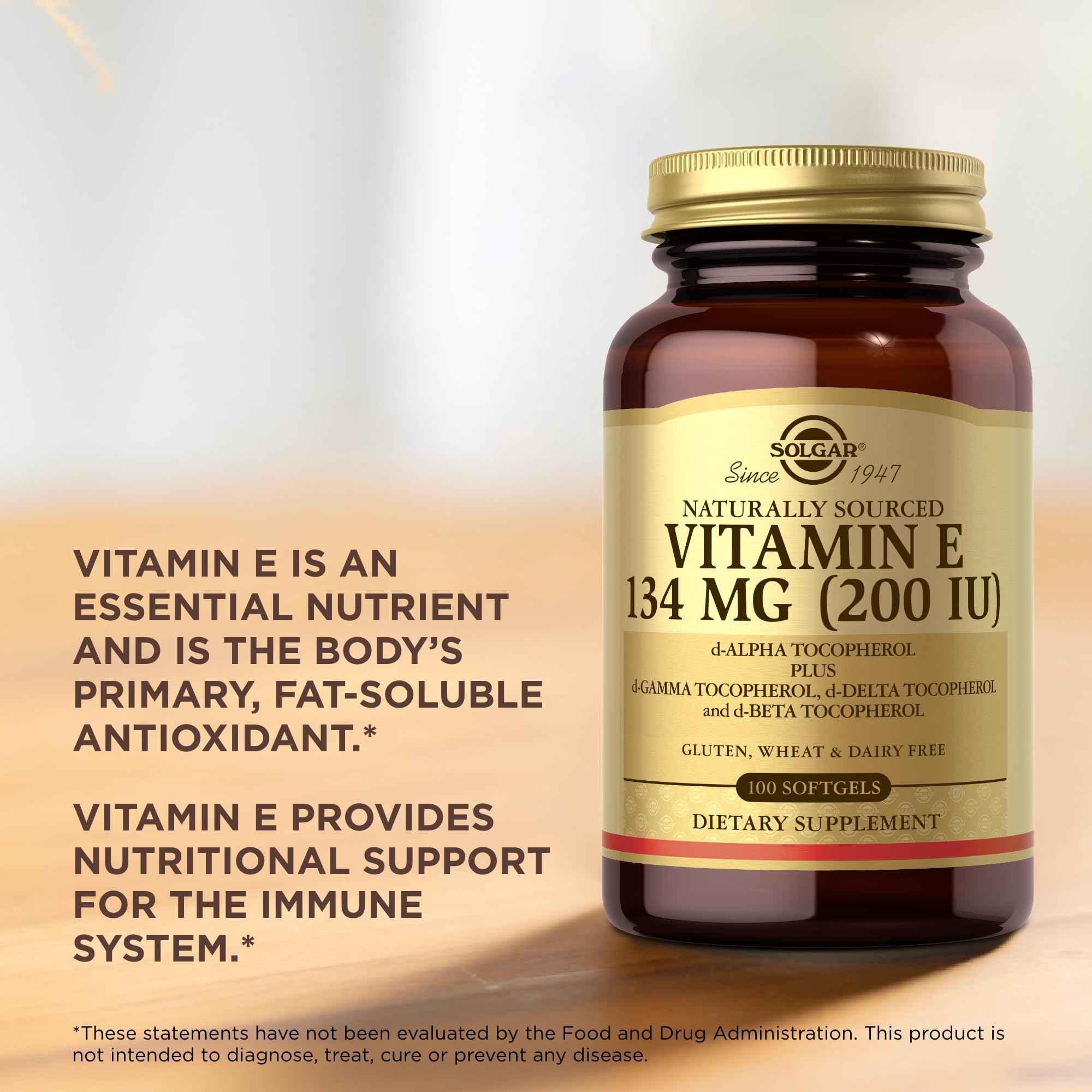 Solgar Vitamin E 200 IU oil-based capsule showcasing absorption-friendly formula.