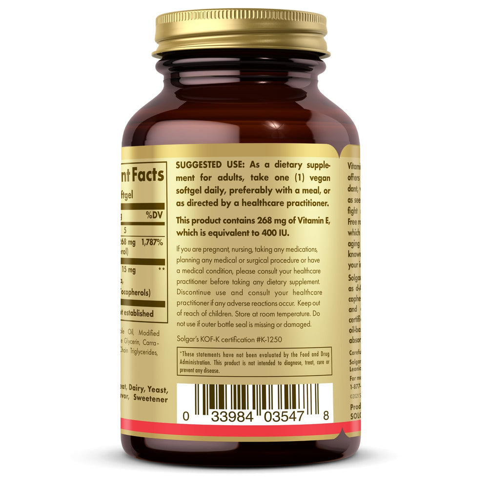 Solgar Vitamin E 268 mg, 100 vegan softgels, convenient daily supplement.