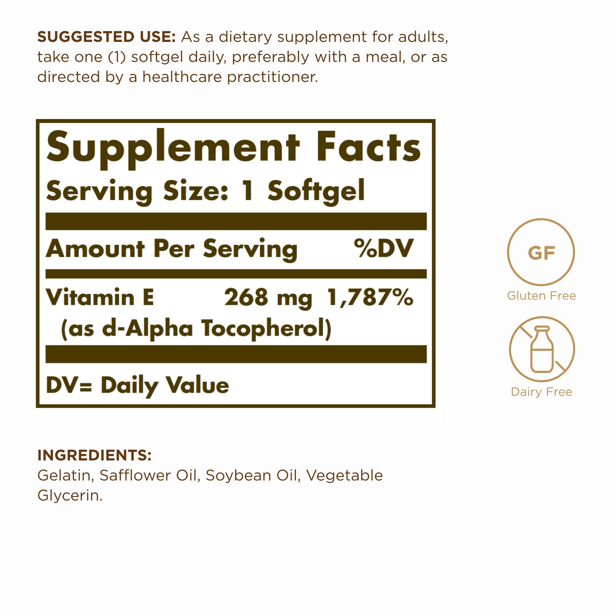 Solgar Vitamin E 268 mg softgels close-up shows natural d-alpha tocopherol