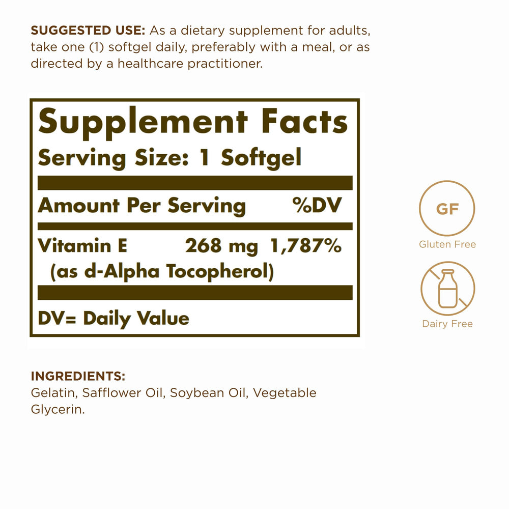 Solgar Vitamin E 268 mg softgels close-up shows natural d-alpha tocopherol