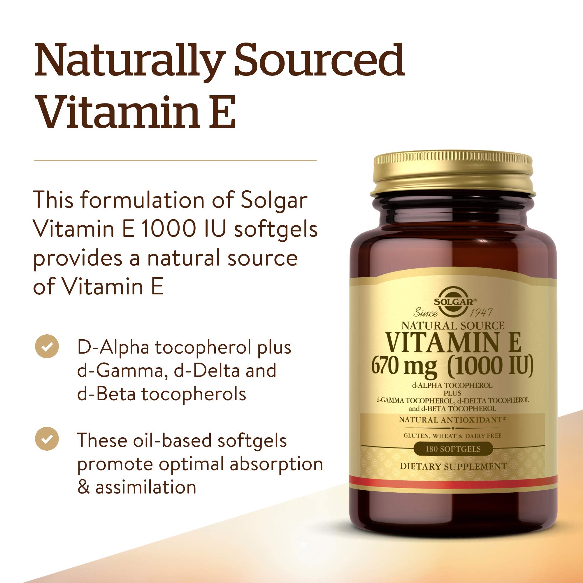 Solgar Vitamin E packaging label showing gluten-free and dairy-free ingredients.
