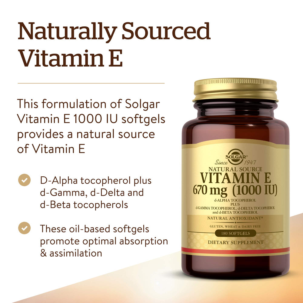 Solgar Vitamin E packaging label showing gluten-free and dairy-free ingredients.
