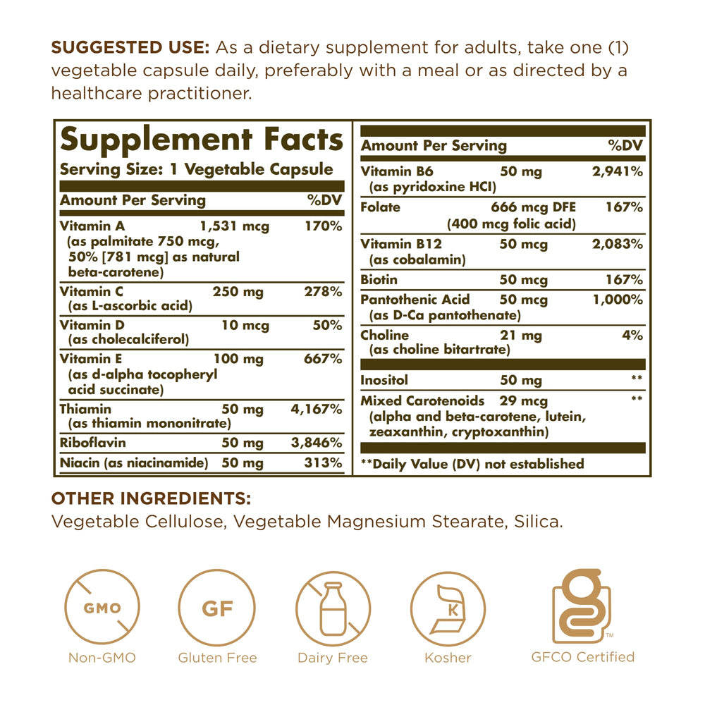 Solgar Vitamins Only label closeup highlighting allergen-free formula and no artificial flavors.