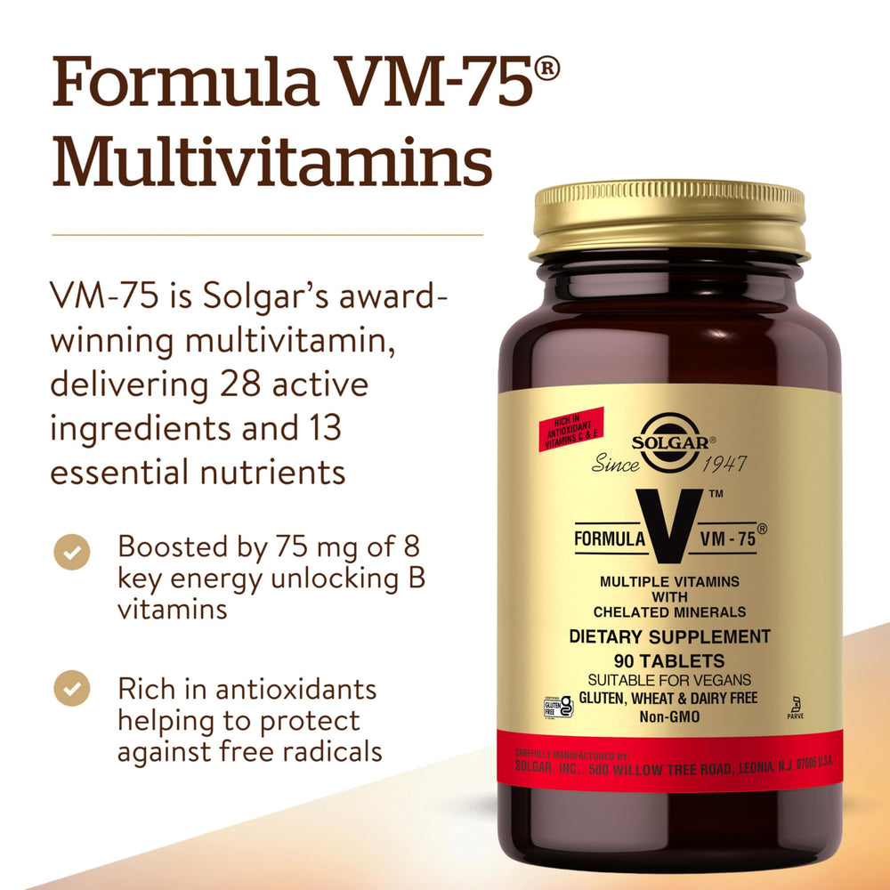 Solgar VM-75 capsules close-up ready for daily supplementation.