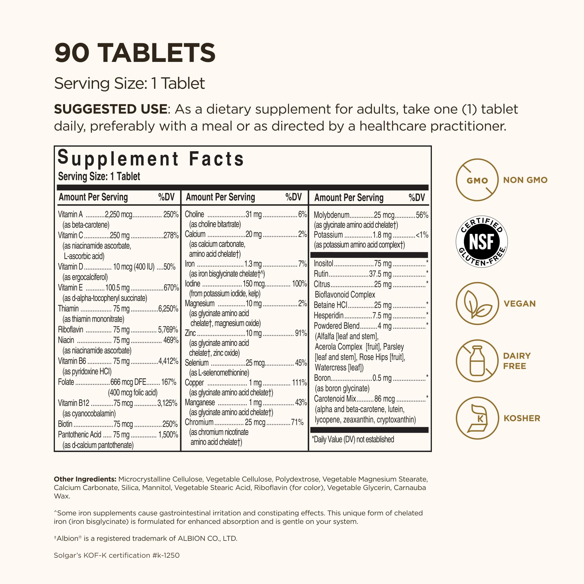 Solgar VM-75 label close-up highlighting vitamins and minerals.