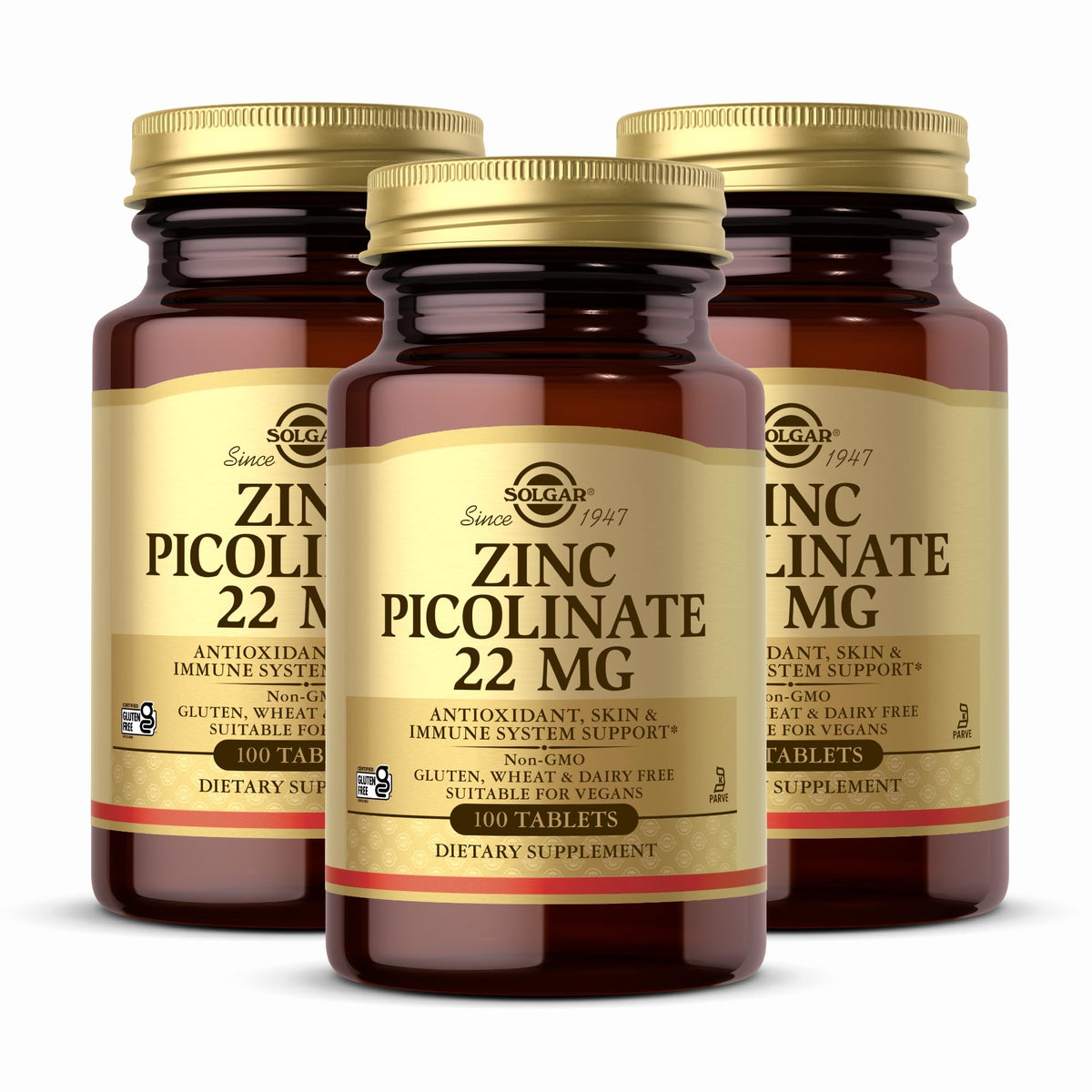 Solgar Zinc Picolinate 22 mg bottle with label highlighting immune support benefit