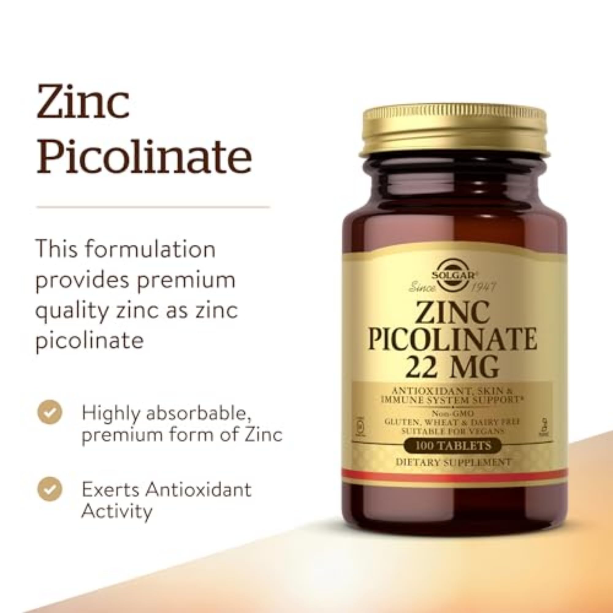 Solgar Zinc Picolinate 22 mg tablets close-up showing compact form.