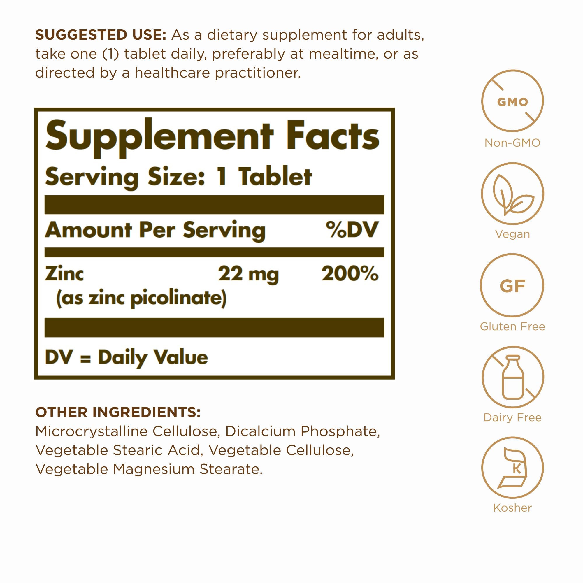Solgar Zinc Picolinate tablets close-up showing compact, easy-to-swallow form
