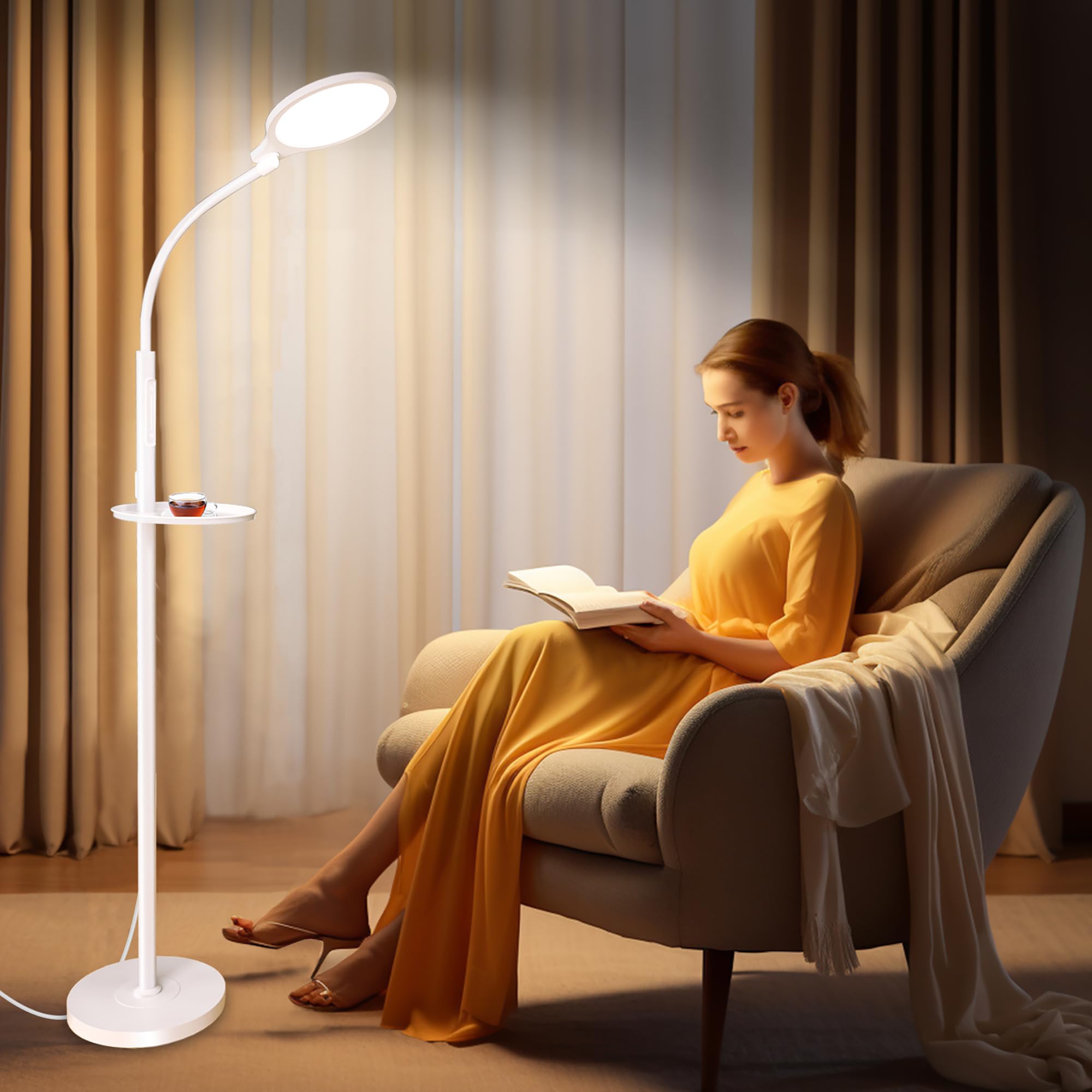 SOLLA light therapy floor lamp front view with adjustable height and handy tray for organized spaces