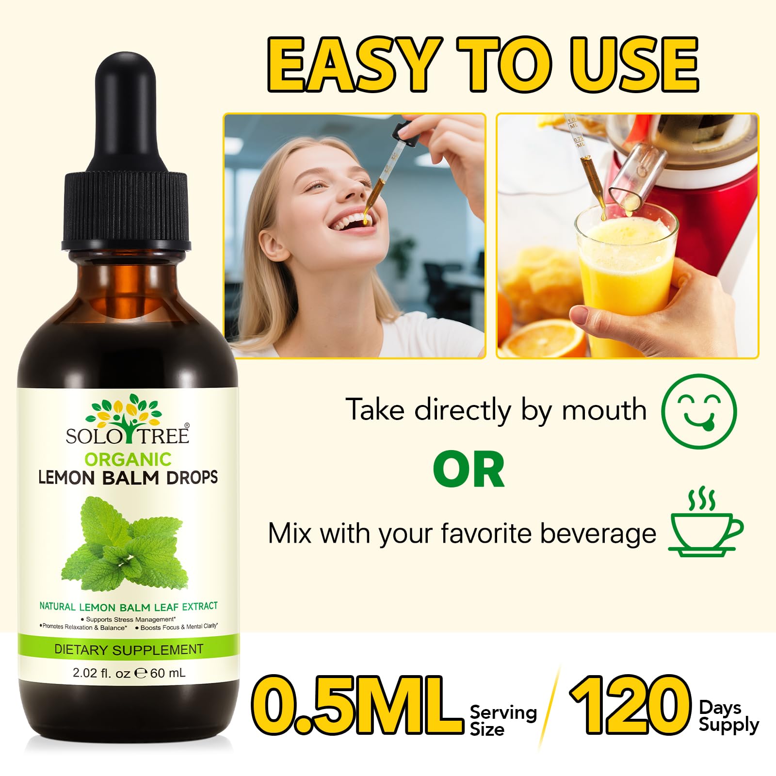 SOLOTREE Lemon Balm Drops droplet close-up illustrating precise drop dosing for easy use.