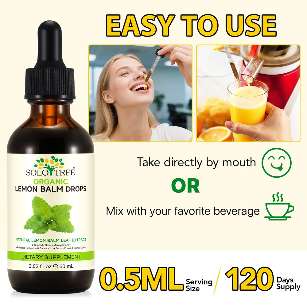 SOLOTREE Lemon Balm Drops droplet close-up illustrating precise drop dosing for easy use.