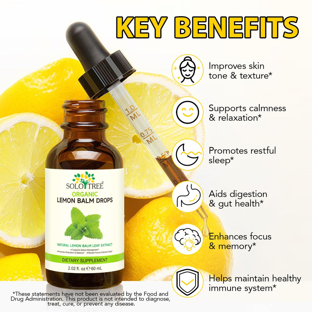 SOLOTREE Lemon Balm Drops label close-up highlighting vegan, non-GMO ingredients.