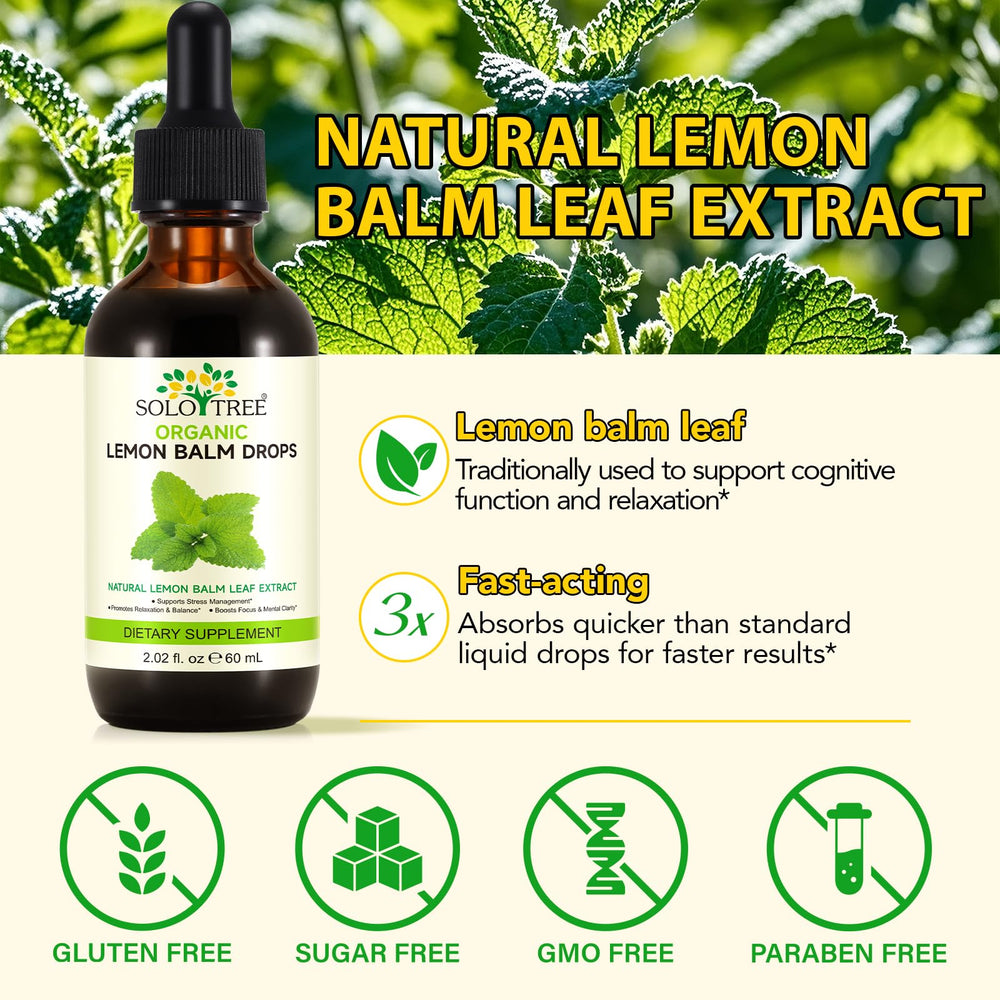 SOLOTREE Lemon Balm Drops liquid in a glass with lemon garnish for a soothing routine.