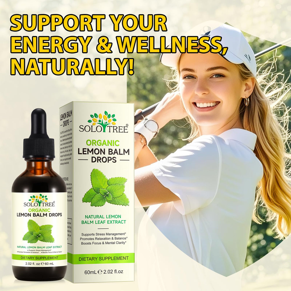 SOLOTREE Lemon Balm Drops organic seal close-up emphasizing alcohol-free tincture quality.