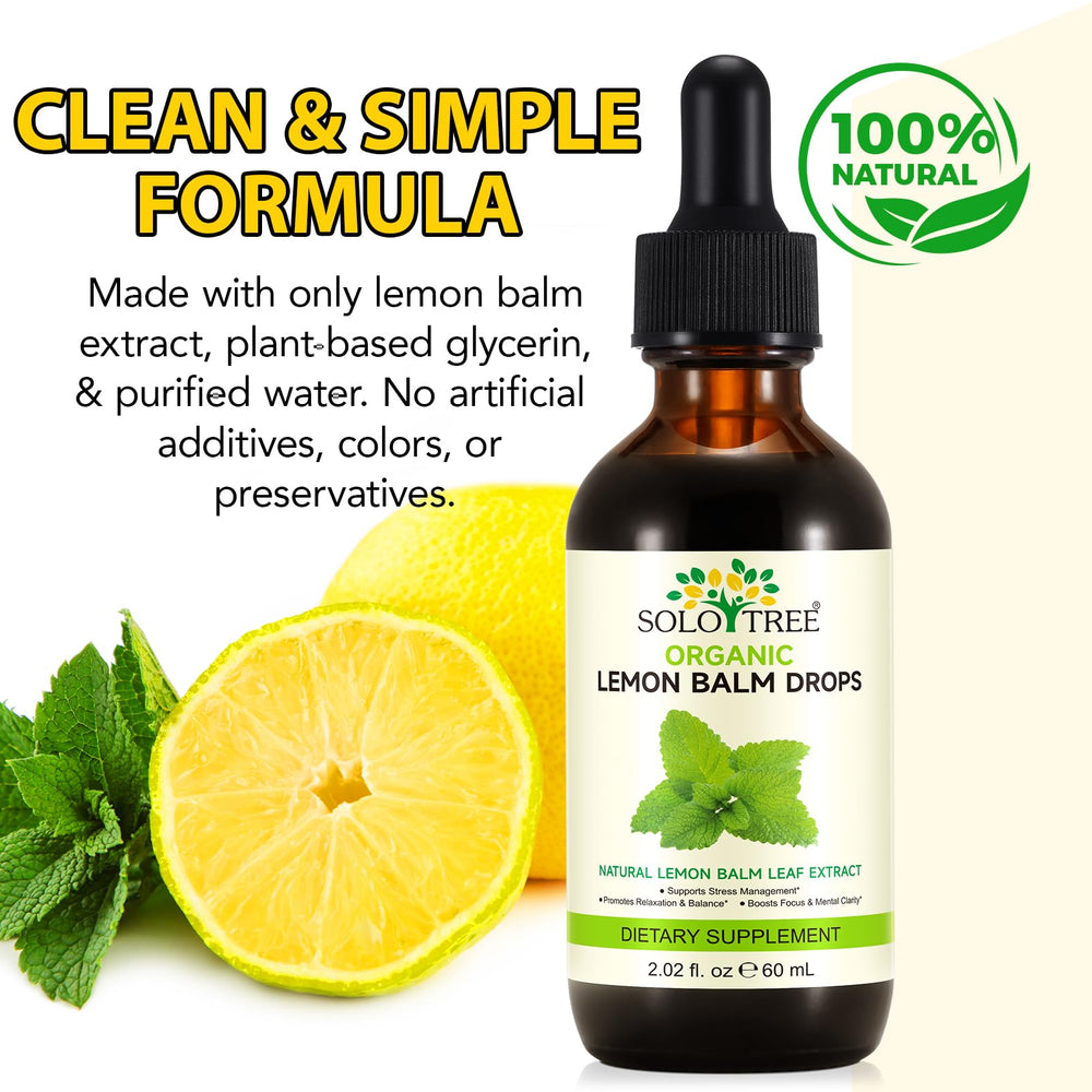 SOLOTREE Lemon Balm Drops pour showing liquid flow for quick, natural calming effects.