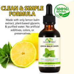 SOLOTREE Lemon Balm Drops pour showing liquid flow for quick, natural calming effects.