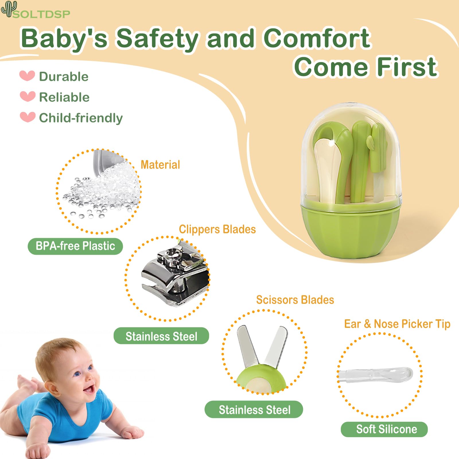 Soltdsp baby nail scissors green with rounded tips for delicate fingers.