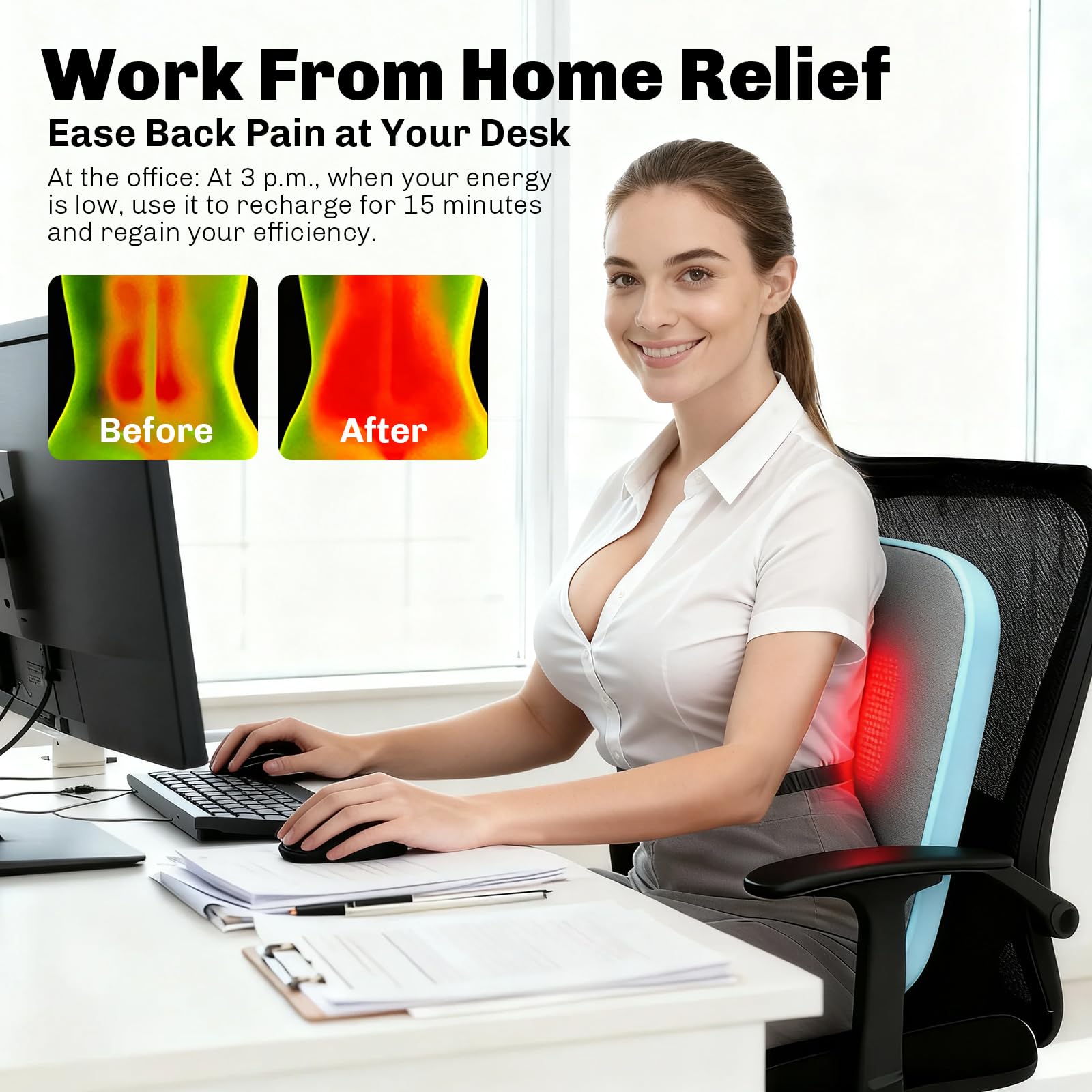 Solucky massager displaying heat therapy and red-light feature for muscle warmth.