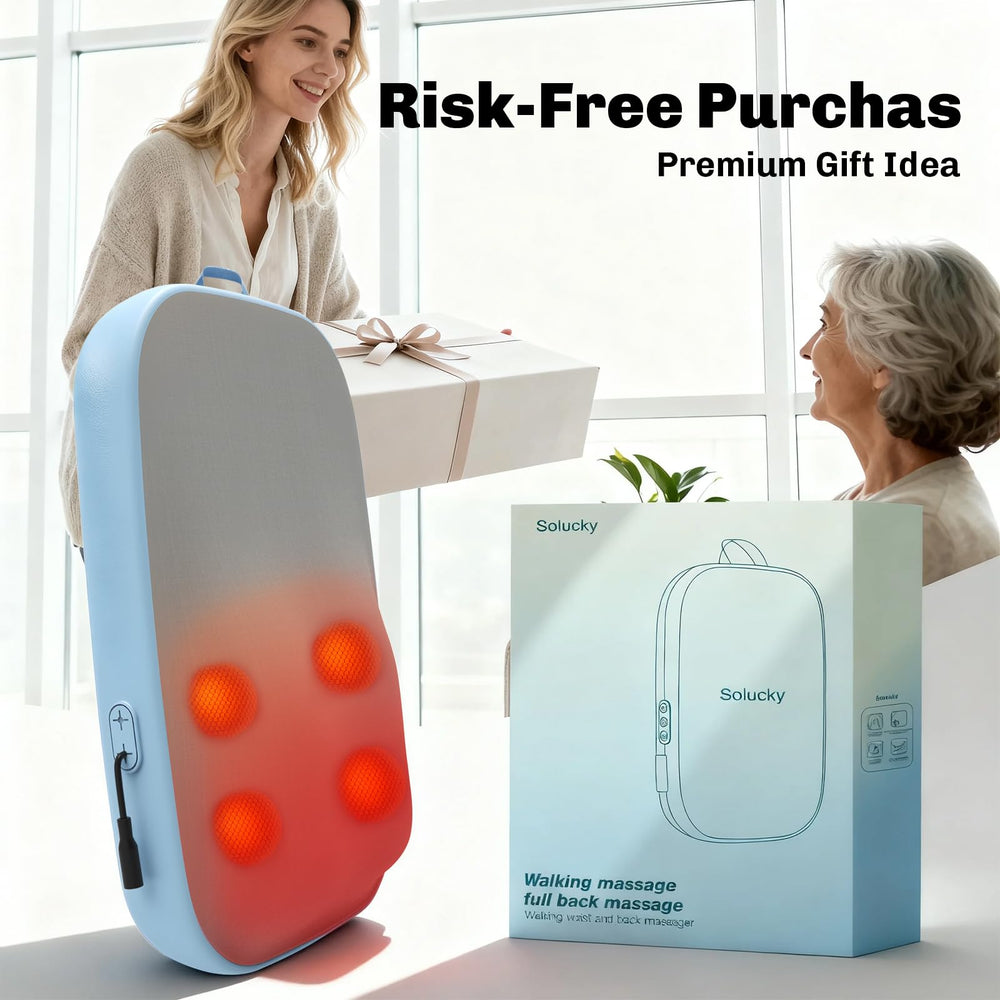 Solucky back massager shown in a home office setup for breaks.