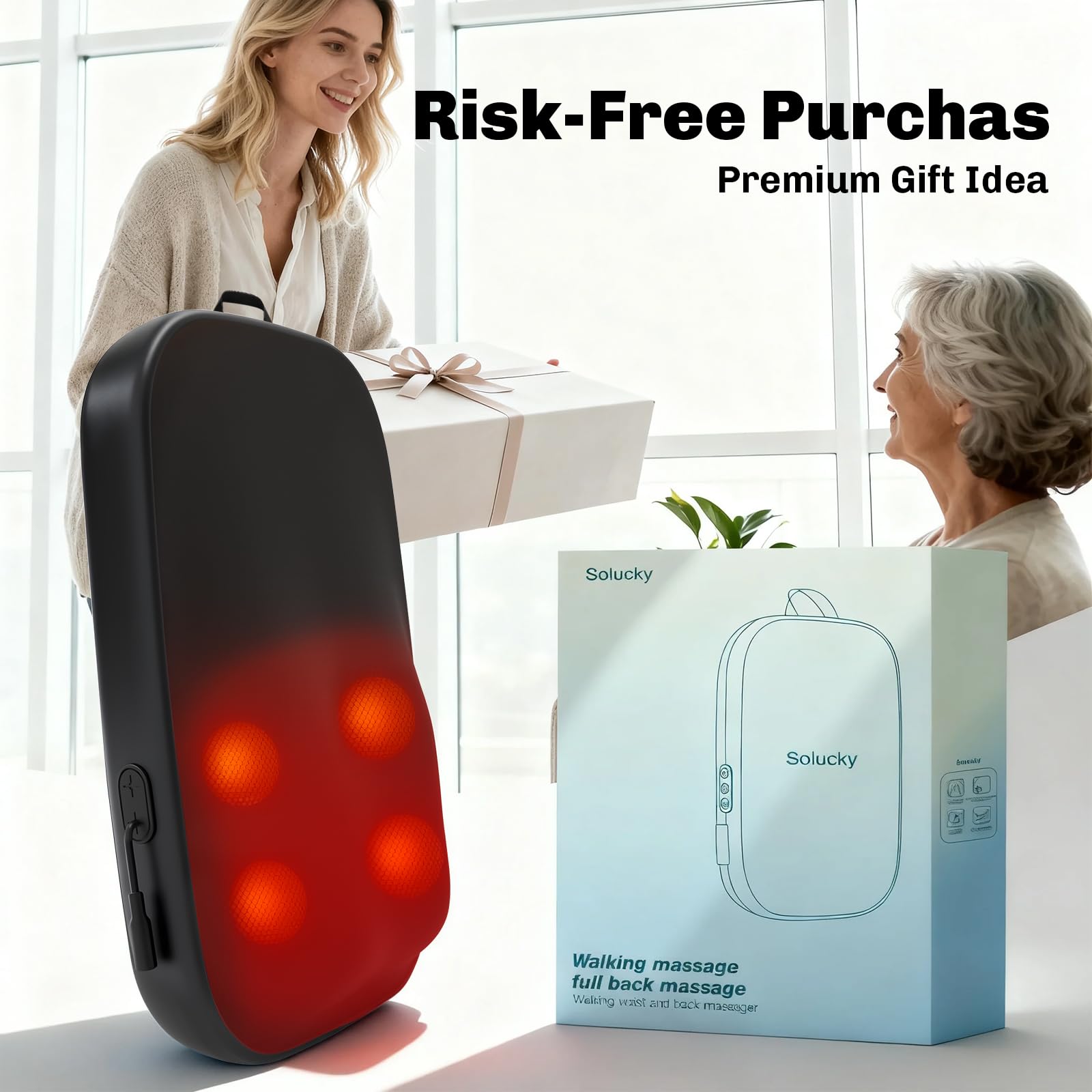 Solucky back massager ergonomic design supports shoulders and other muscle groups.