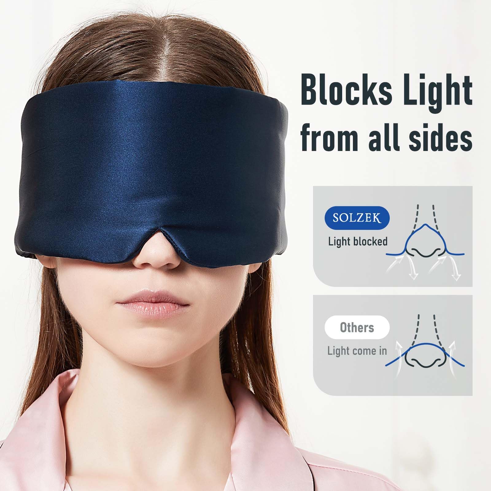 SOLZEK navy blackout mask blocks light for deeper daytime naps.