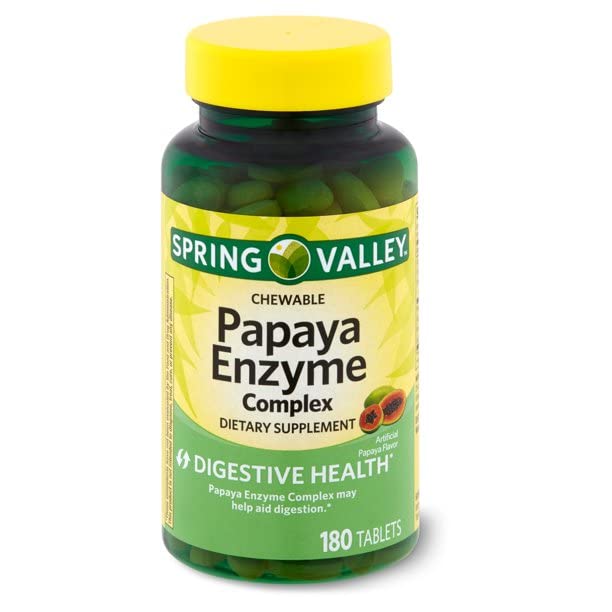 Somall bottle front showing Spring Valley Papaya Enzyme Tablets for easy daily use.