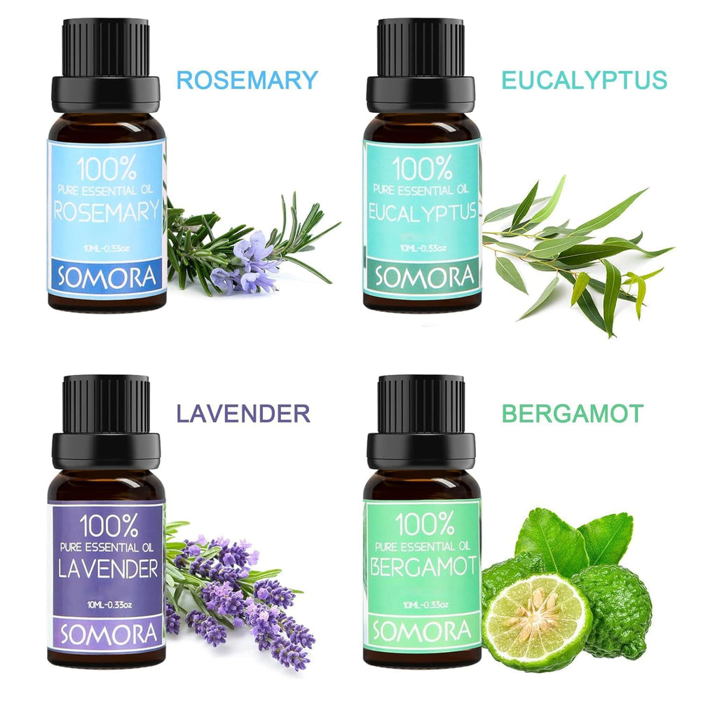 SOMORA essential oils Tea Tree Lemongrass Orange Peppermint four-pack for mood variety.