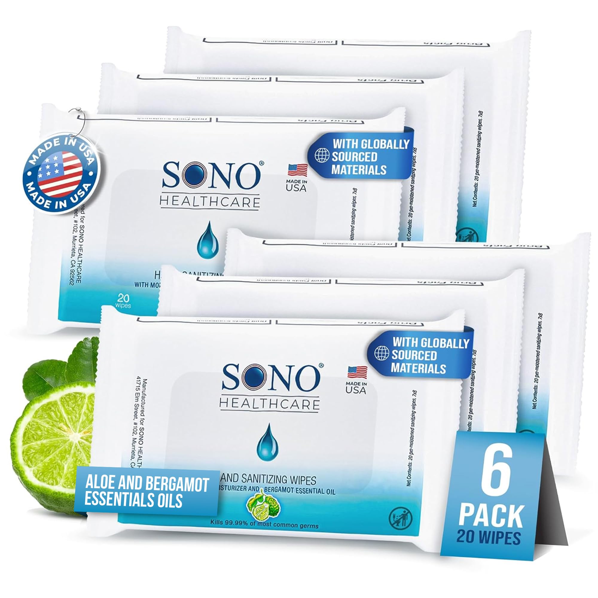 SONO hand wipes bergamot pack front for on-the-go germ protection and fresh aroma.