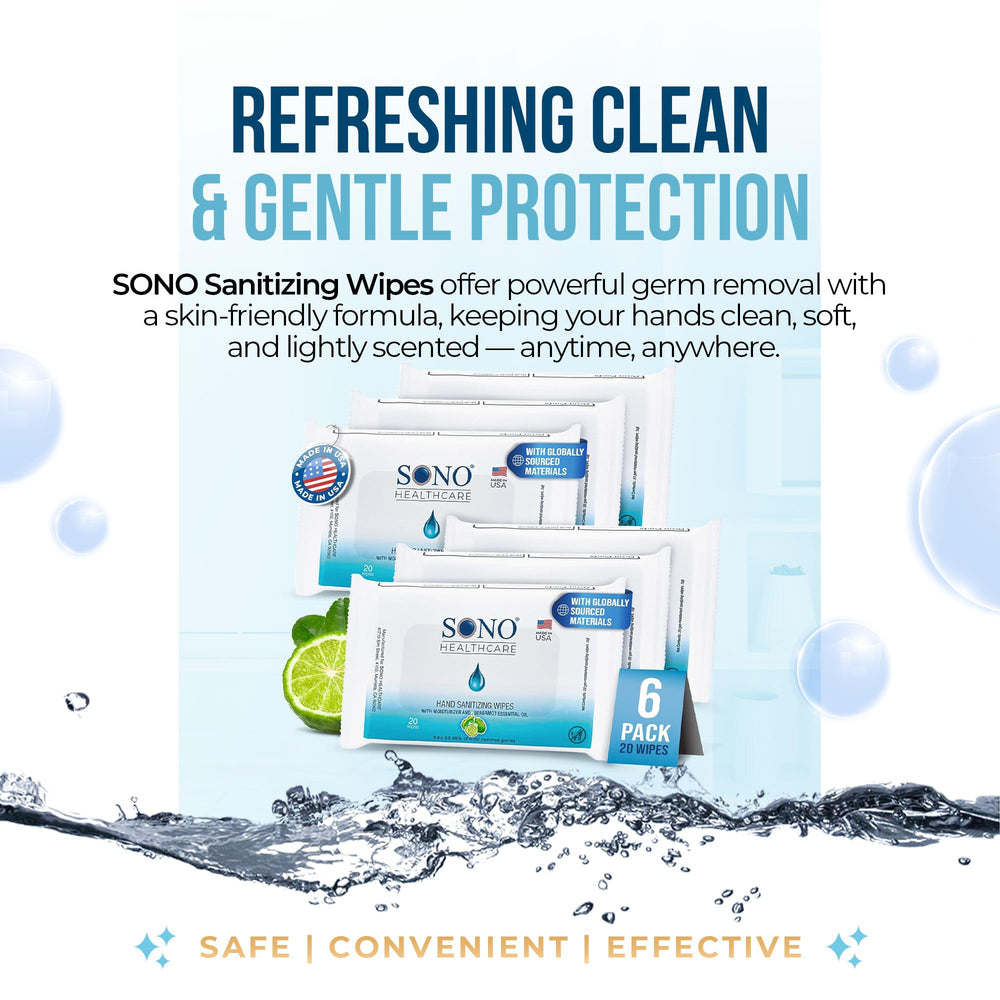 SONO hand wipes bergamot texture close-up shows gentle cleansing in action.