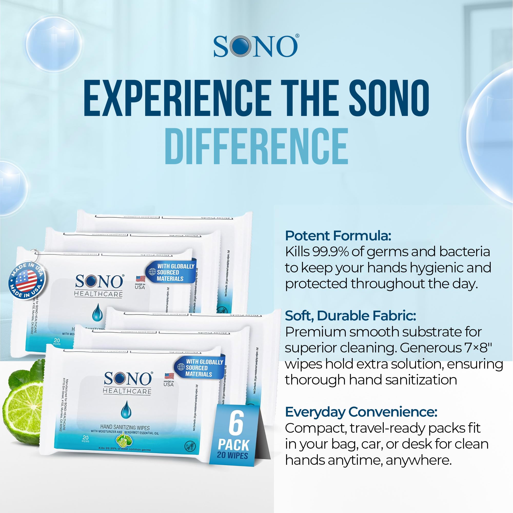 SONO hand wipes bergamot travel six-pack provides on-the-go hygiene.