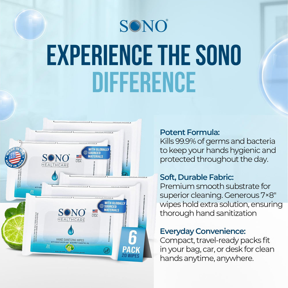 SONO hand wipes bergamot travel six-pack provides on-the-go hygiene.