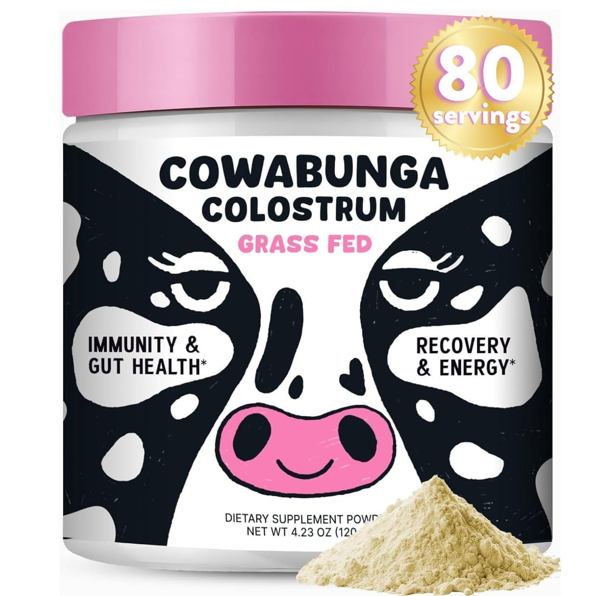SonoHealth Cowabunga Colostrum bottle closeup shows premium purity and potential immune support.