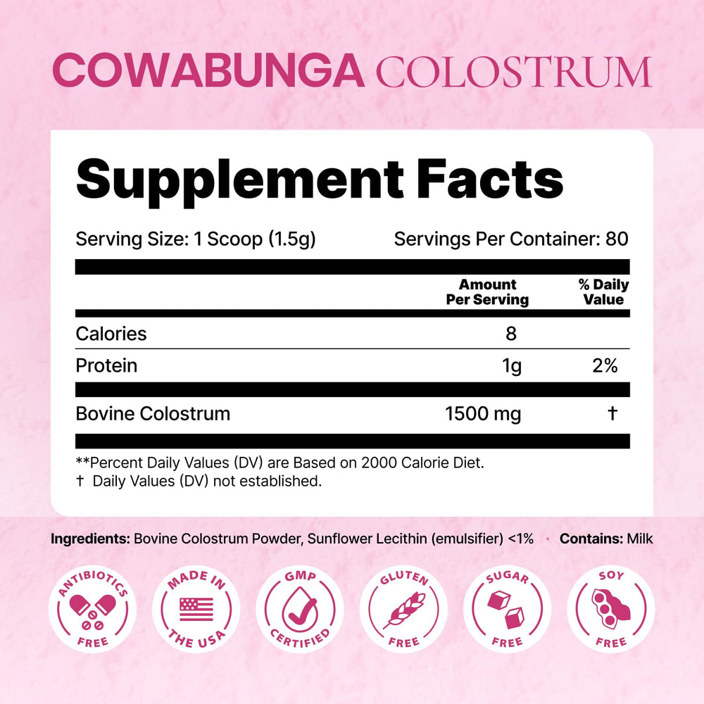 SonoHealth Cowabunga Colostrum Kosher Halal seal indicates dietary inclusivity.