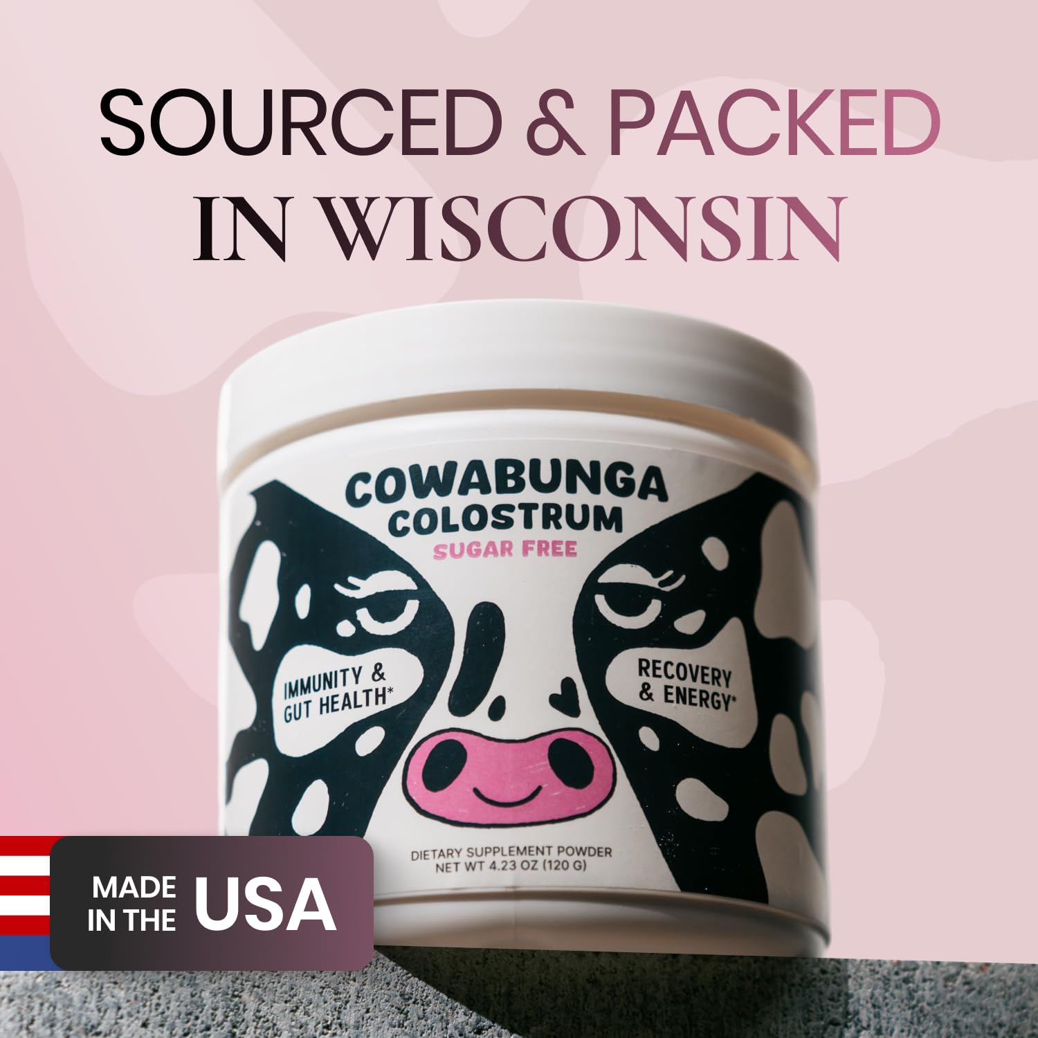 SonoHealth Cowabunga Colostrum glass with powder suggests convenient wellness use.